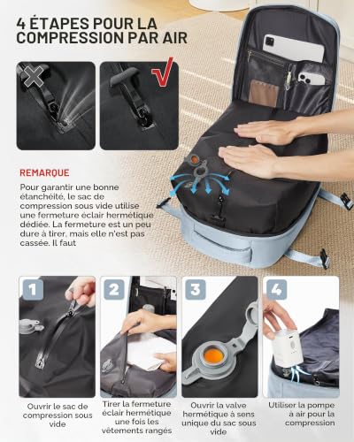 Detalle 2 de HPLQQ Sac à dos de voyage sous vide 40 x 30 x 20 cm, 24 L avec pompe