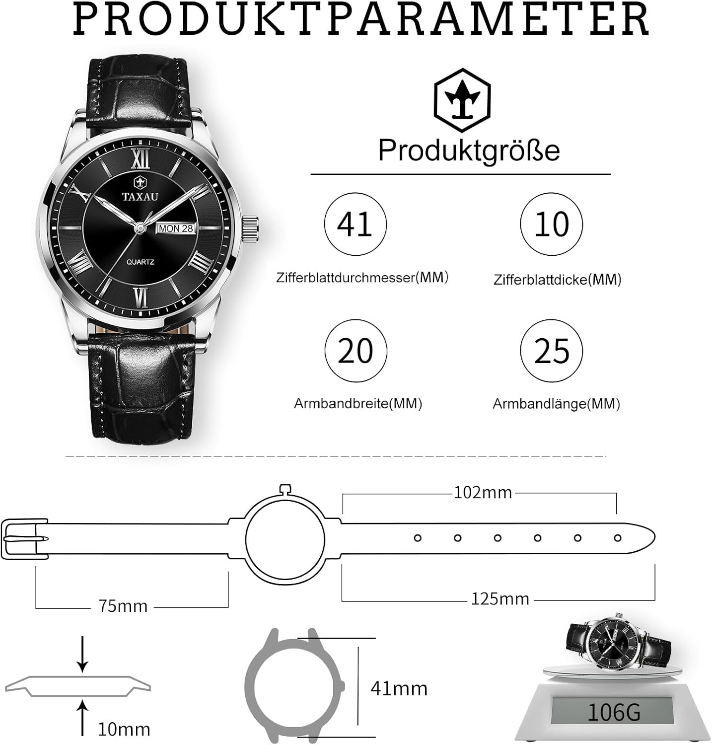Detalle de Taxau Klassische Herren-Lederuhr mit Quarzwerk, analogem Zifferblatt und Datums-/Wochentagsanzeige