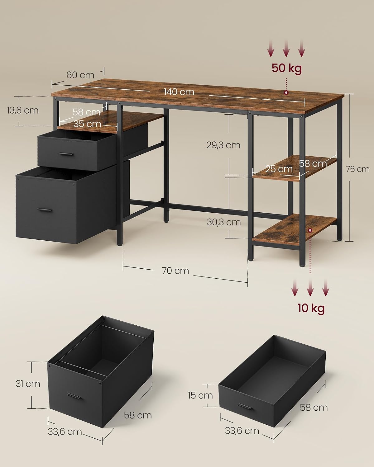 Thumbnail 2 de VASAGLE LWD104B01: Industrial Rustic Computer Desk with 3 Shelves and 2 Drawers, 60 x 140 cm