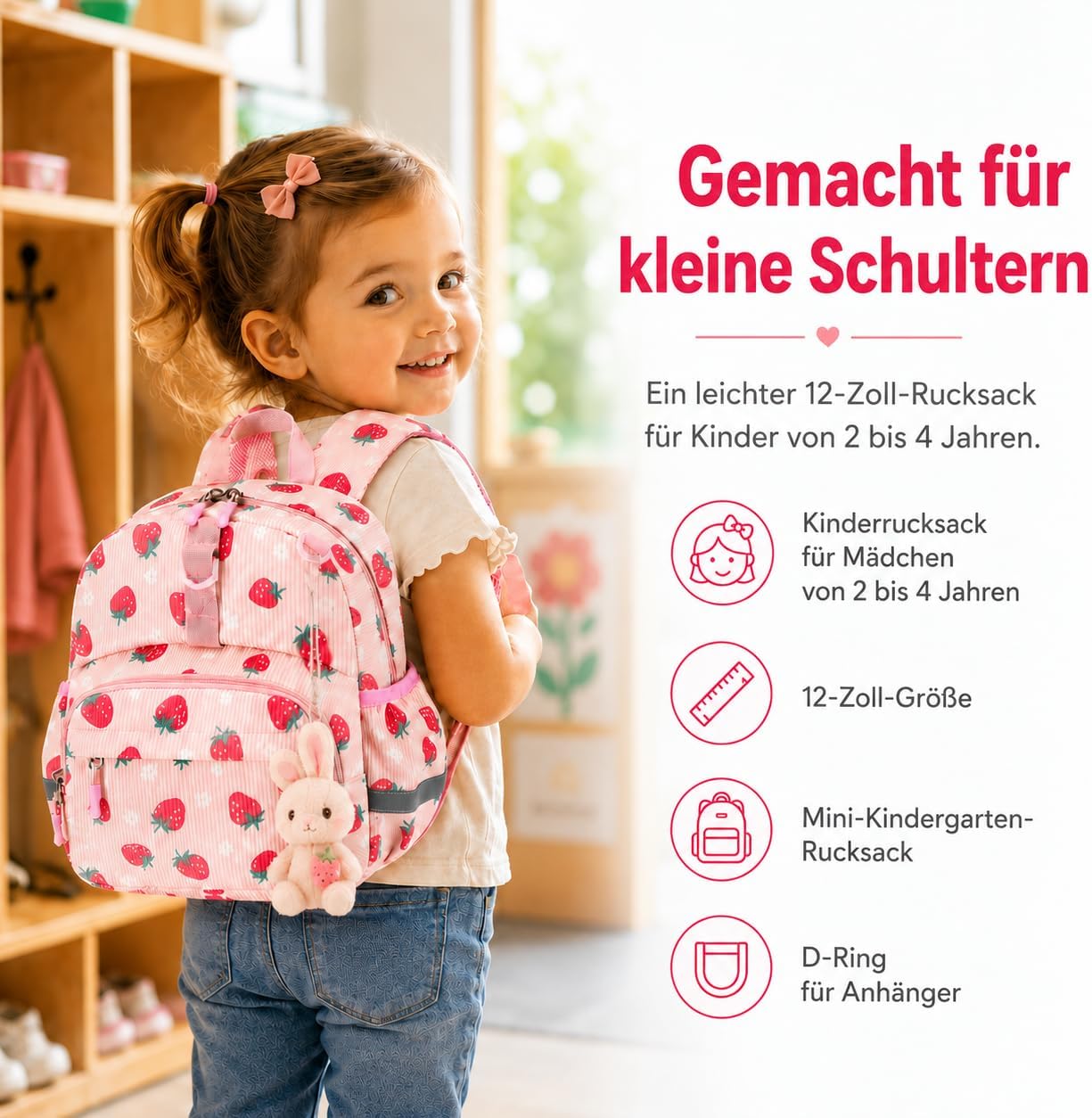 Thumbnail 6 de LOIDOU Kleinkind-Rucksack Mädchen 12 Zoll – Rosa Erdbeeren & Blumen, 8 L, isolierte Fronttasche