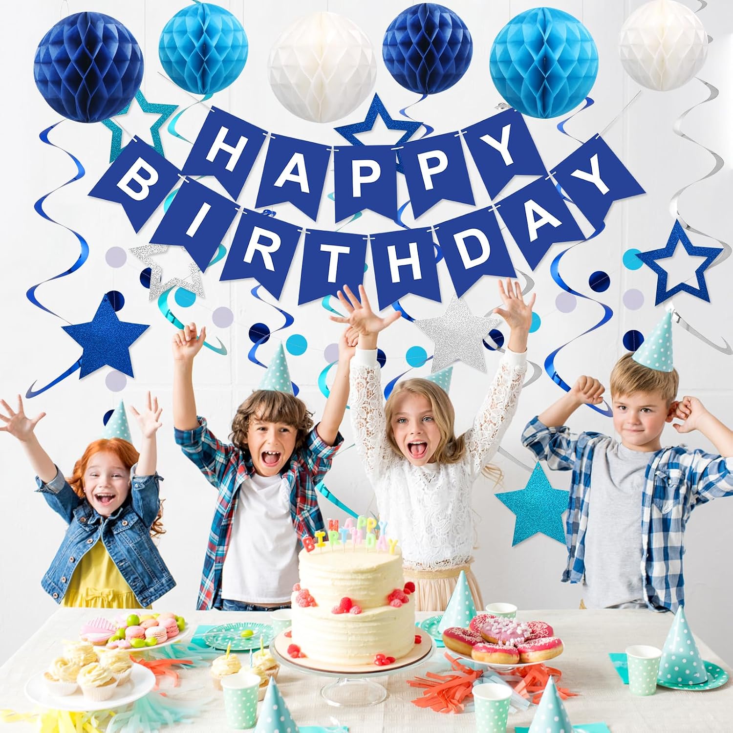 Detalle de meowtastic Birthday Decorations banner with blue garland 🎉