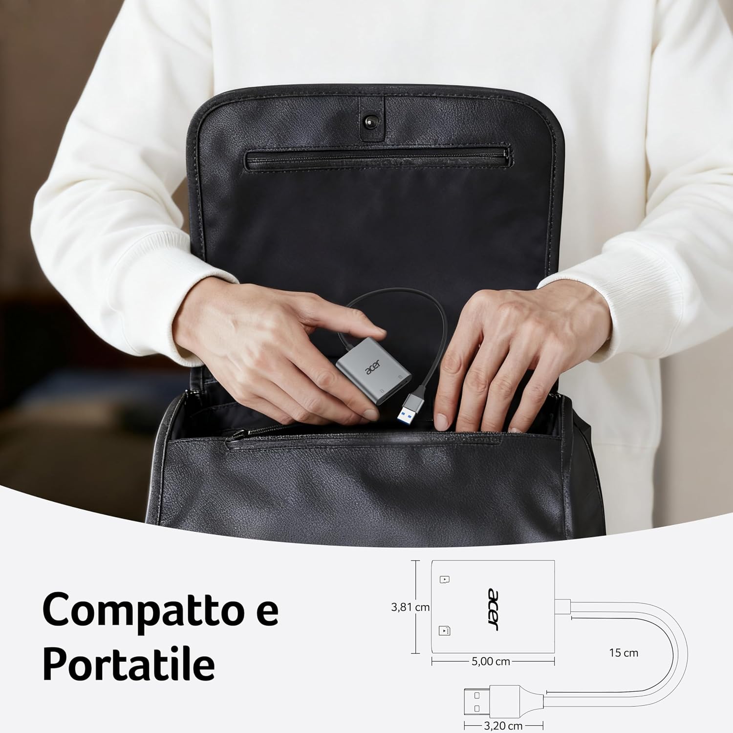 Detalle de Lettore di schede SD USB 3.0 con cavo Acer: lettura simultanea SD e microSD in alluminio, fino a 2 TB