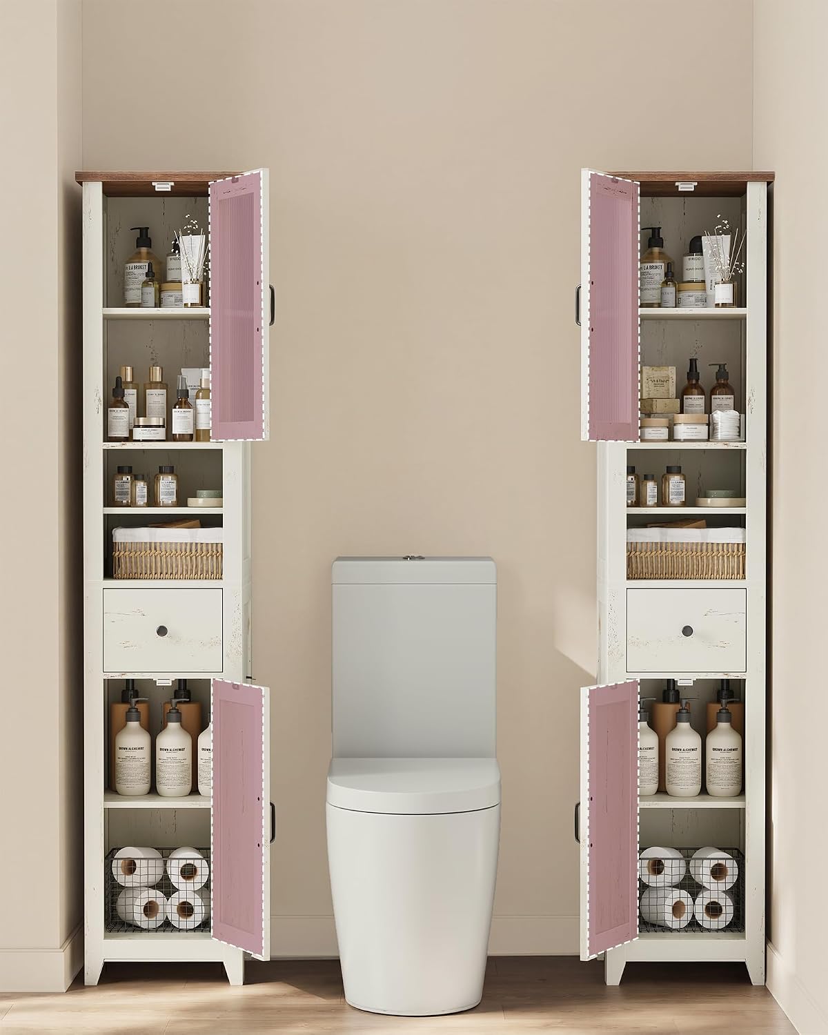 Detalle de VASAGLE LIRY BBK660W101 Tall Bathroom Cabinet, Reversible Doors, White and Honey Brown
