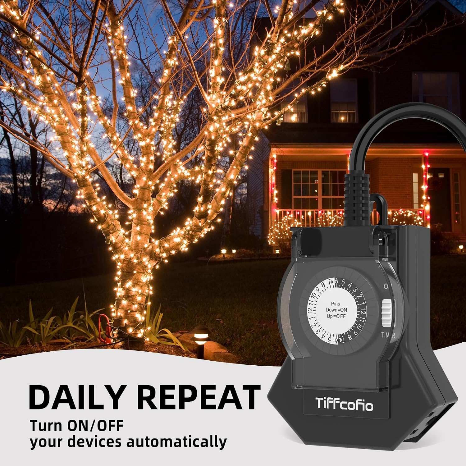 Detalle de Tiffcofio TF-204 Outdoor Mechanical Timer with 3 Grounded Outlets