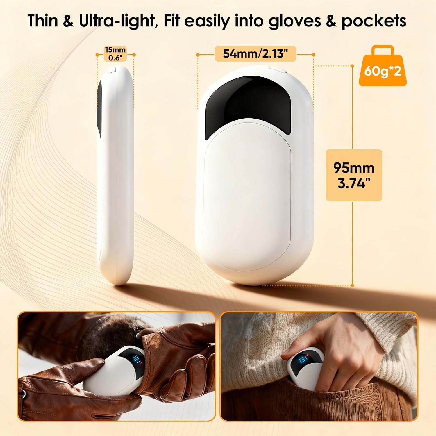 Detalle de Hand Warmers 2-Pack (6400mAh Rechargeable) with 3 Heat Settings, up to 13Hrs
