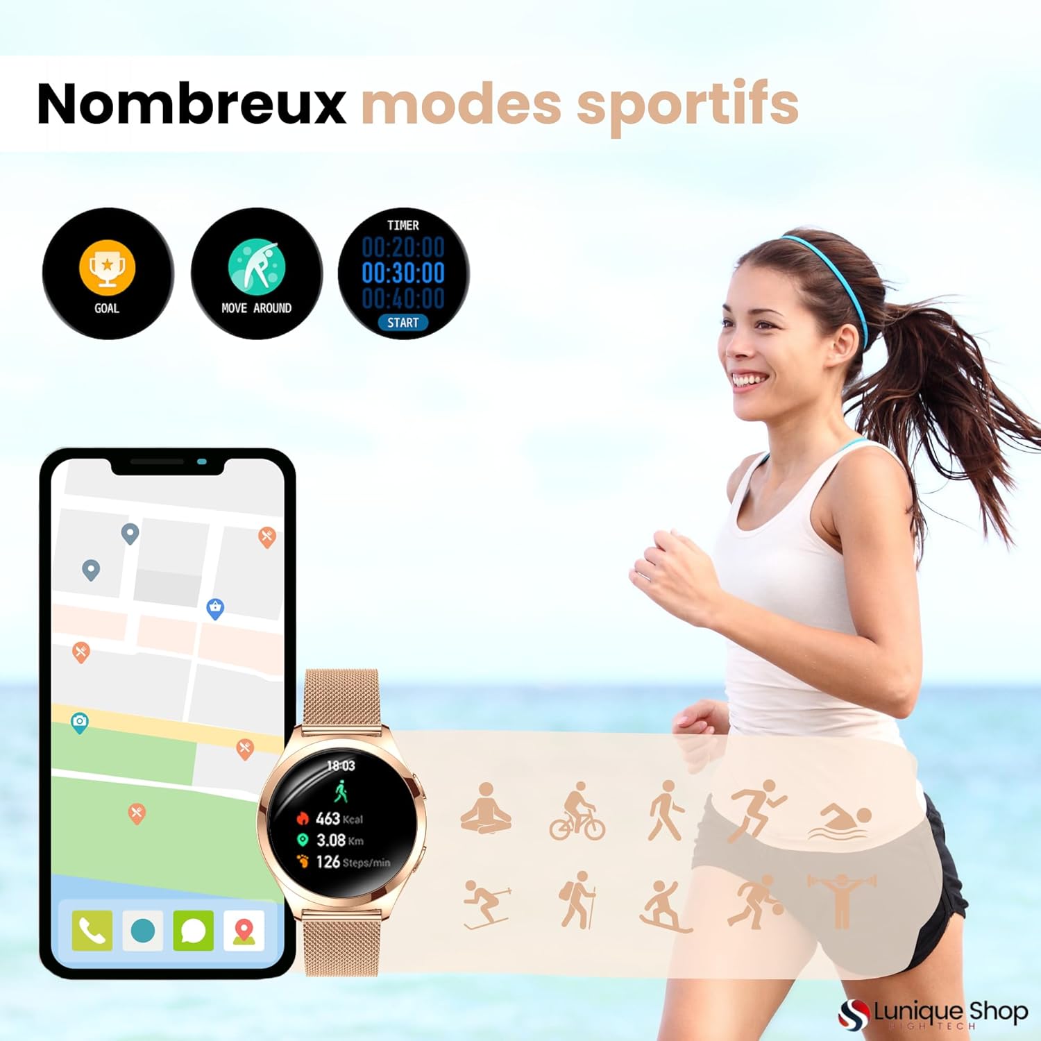 Thumbnail 5 de LUNIQUESHOP LSWATCH V2 montre connectée femme Bluetooth, cardio, sommeil, podomètre et appels