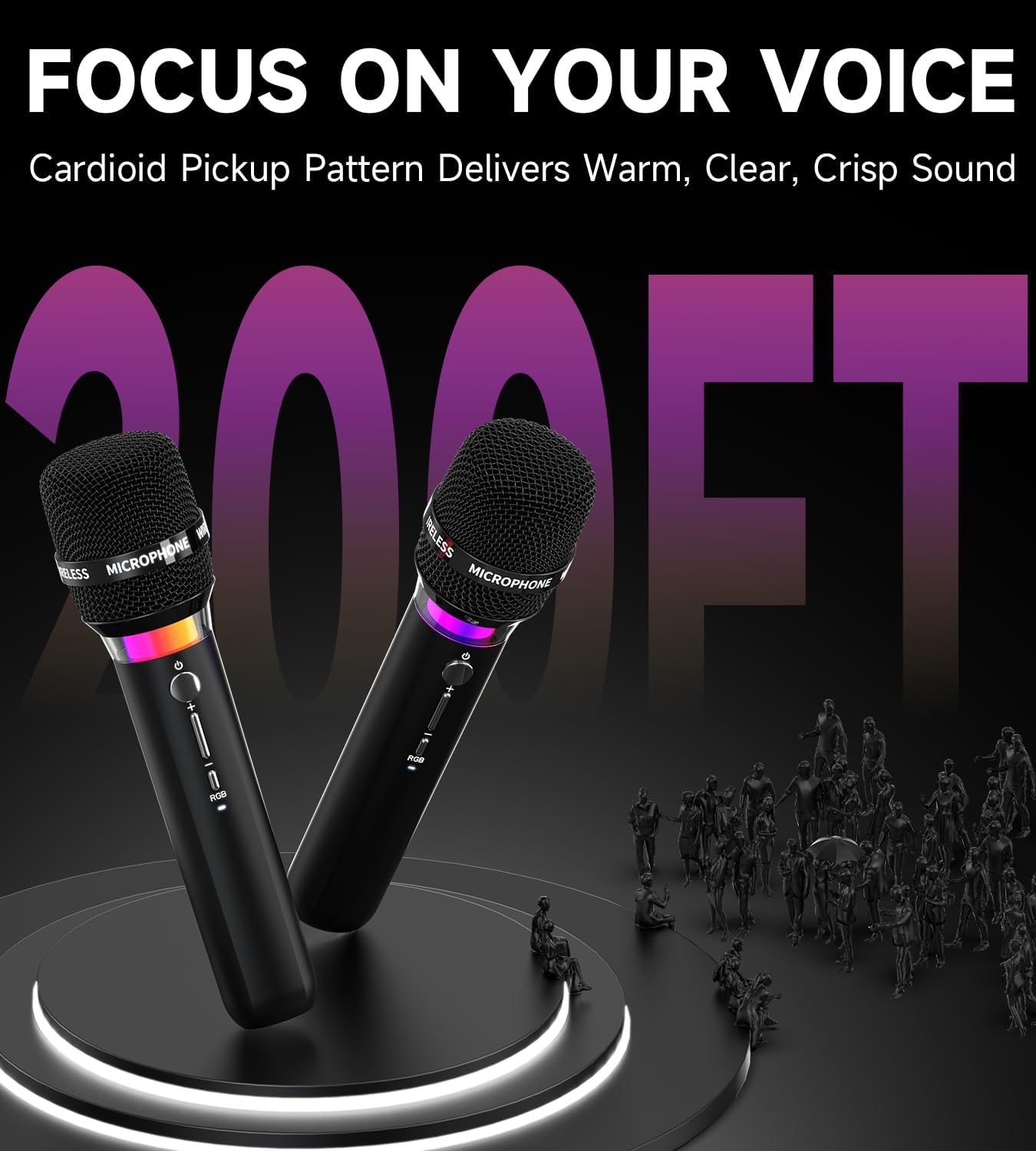 Detalle 2 de ECHOMUSSY YA-01 Dual Wireless Karaoke Microphones, RGB, 2.4GHz, Volume Control