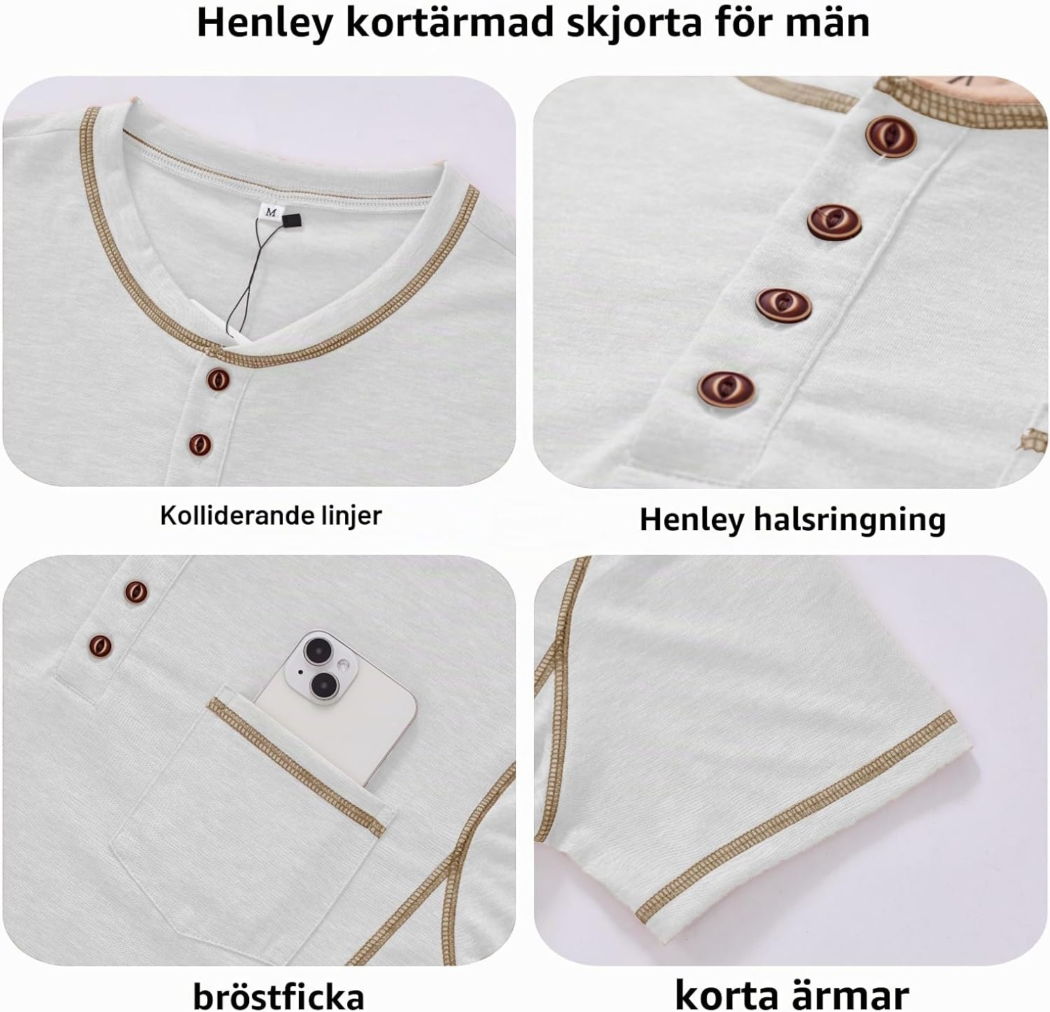 Detalle de LAOARA T-shirt för män med tunisisk krage, knappar och kort ärm, M–3XL