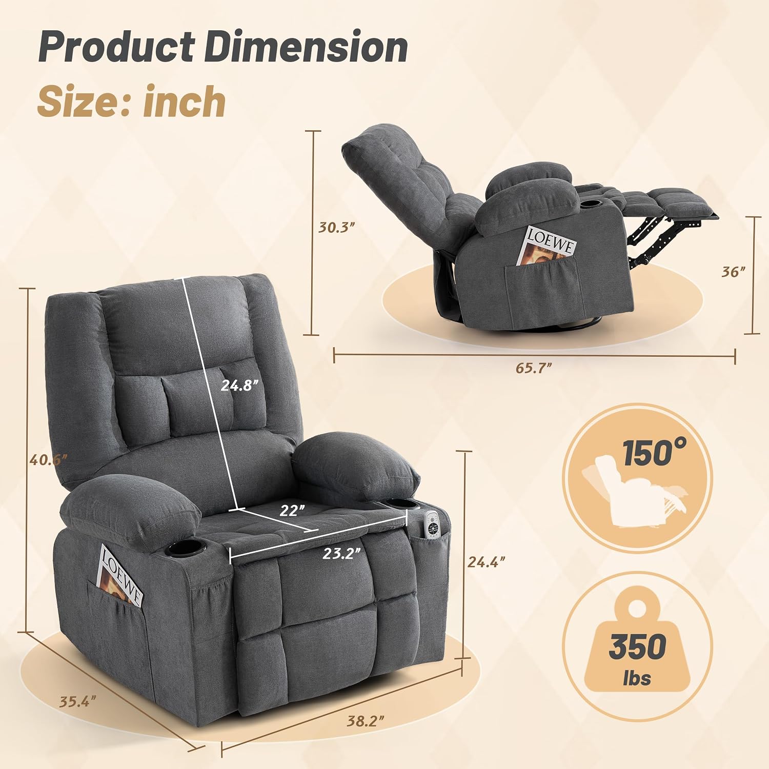 Thumbnail 1 de Sofayonn Swivel Rocker Recliner Chair with Massage, Heat, USB Port and Cup Holders