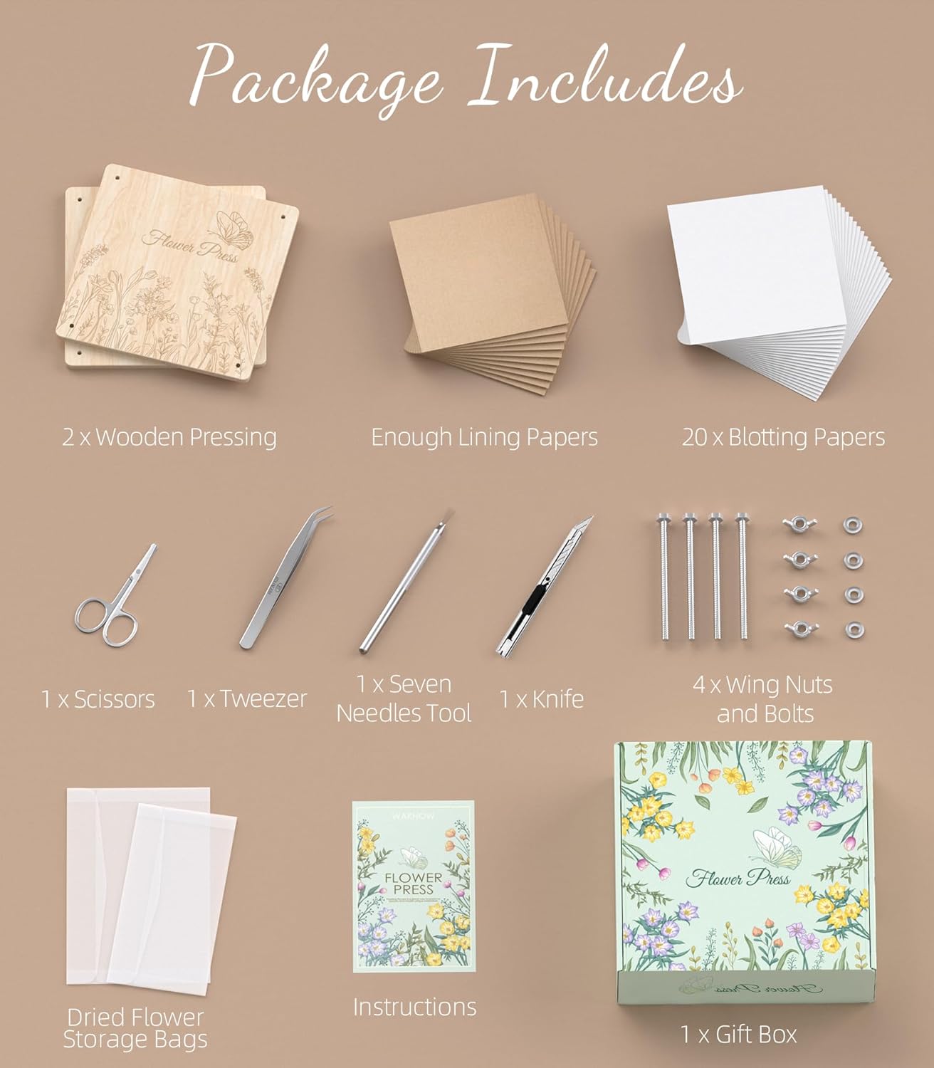 Detalle de Wakhow Flower Press Kit (11" x 11") – Large Wooden Flower Presser for DIY Bouquet Preservation