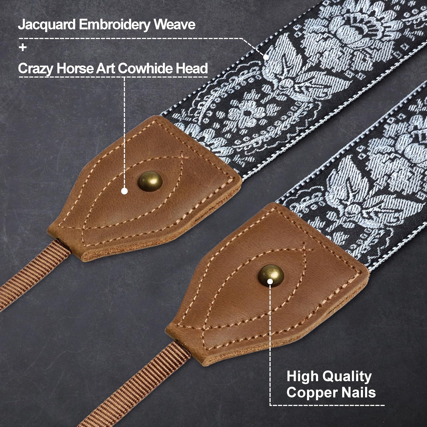 Detalle 2 de Padwa Lifestyle 2" Wide Classic Crazy Horse Art Cowhide Camera Strap with Jacquard Embroidery