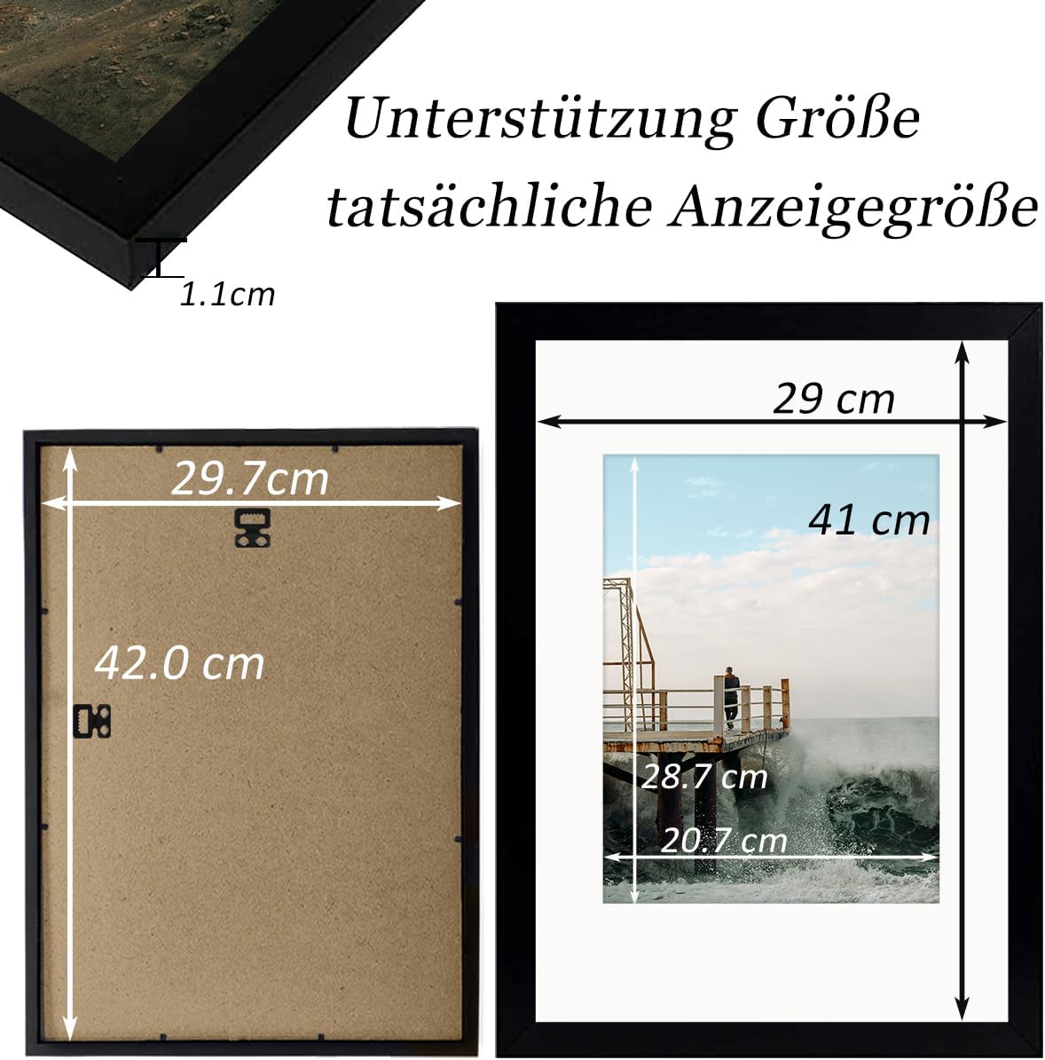 Detalle de RUN HELIX A3 Bilderrahmen in Schwarz für 29,7 x 42 cm – mit bruchsicherem Acrylglas und Passepartout
