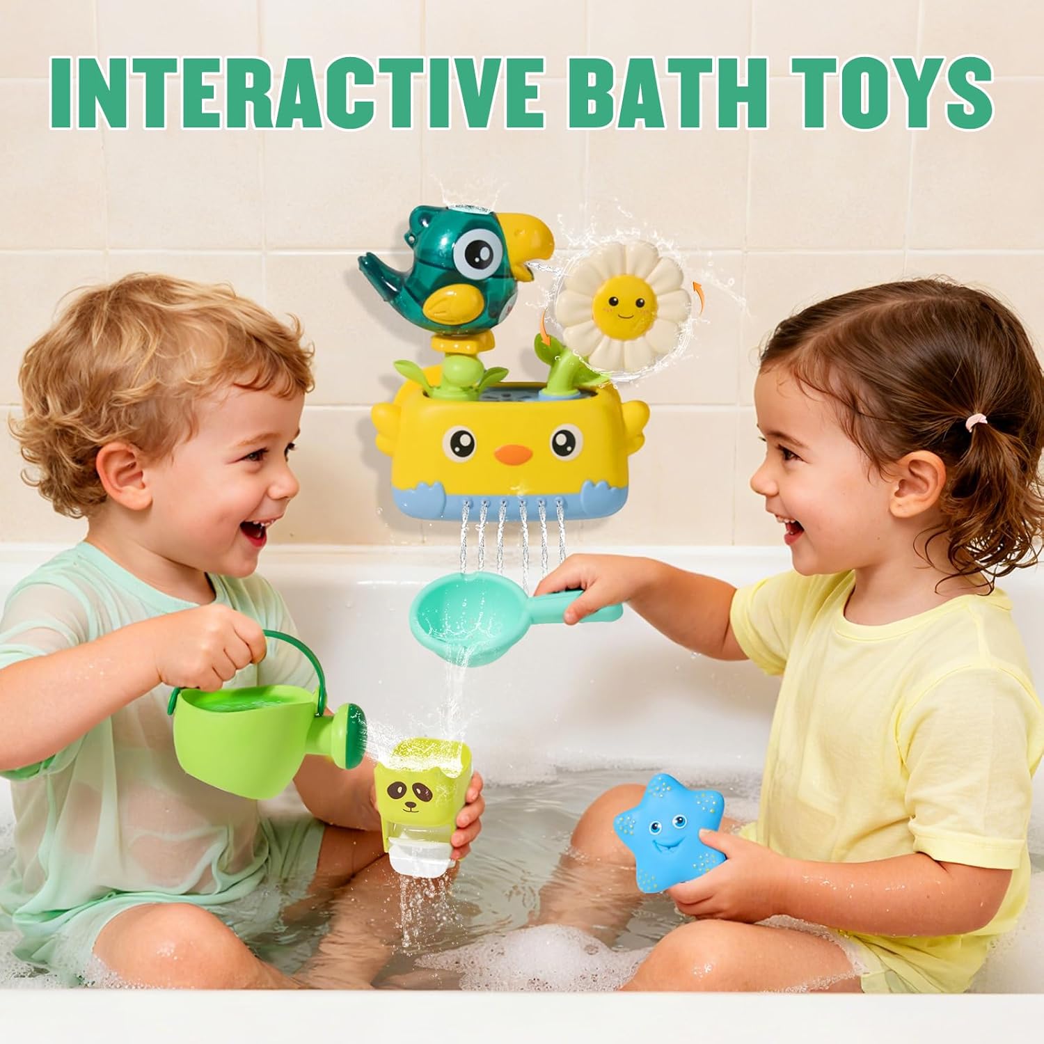 Detalle 2 de Toddler Bath Toys for 1–4 Years: Mould-Free Water Play Set with Bird Figurine, Rotating Cups and Spill-Back Whistle