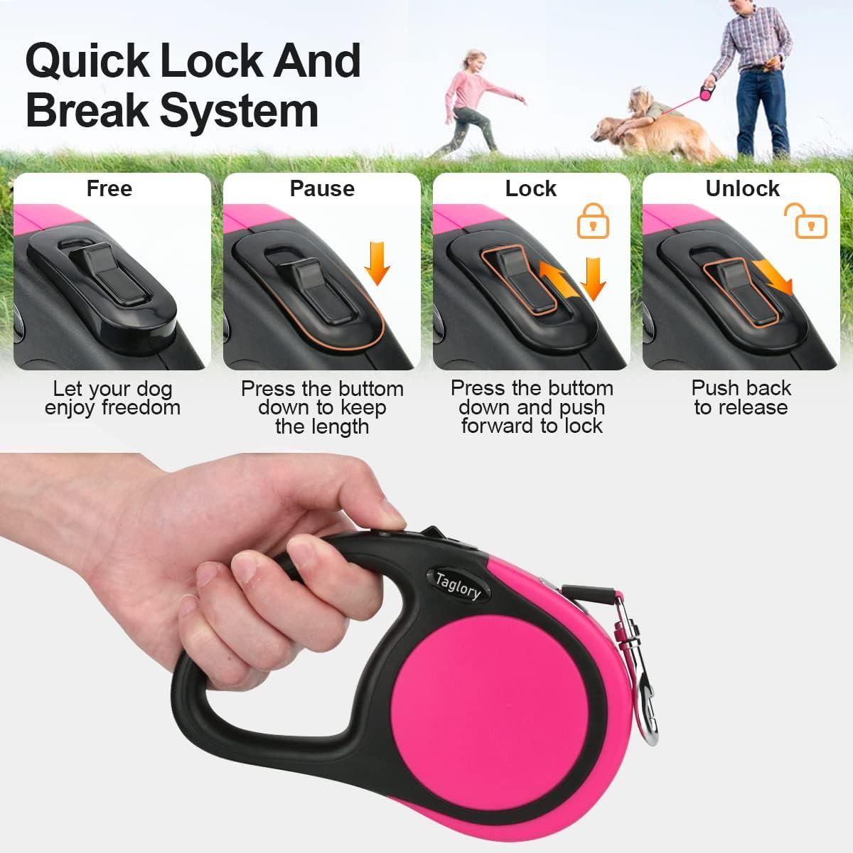 Detalle de Taglory Retractable Dog Lead 5 m (Extendable No-Tangle Nylon Tape) – Pink, up to 20 kg