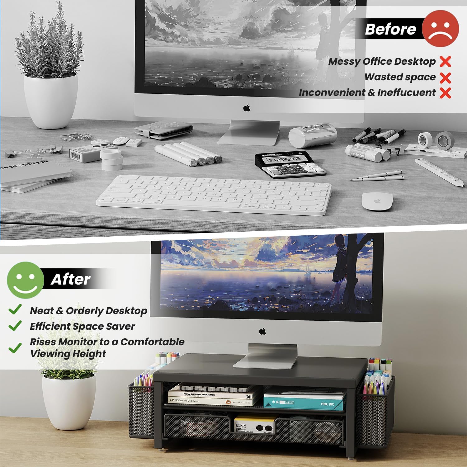 Thumbnail 3 de BOKIOVIN Metal Monitor Stand Riser with Drawer & 2 Pen Holders for Desk