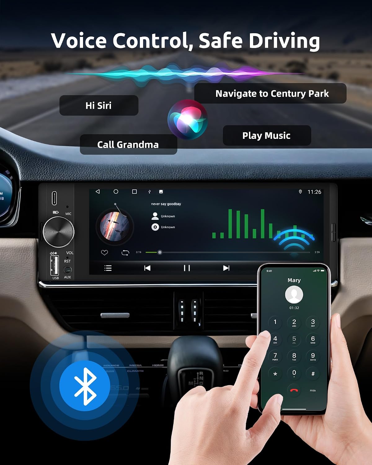 Thumbnail 4 de ESSGOO Single-DIN car stereo with wireless CarPlay/Android Auto, 6.36-inch HD touchscreen and reverse camera input