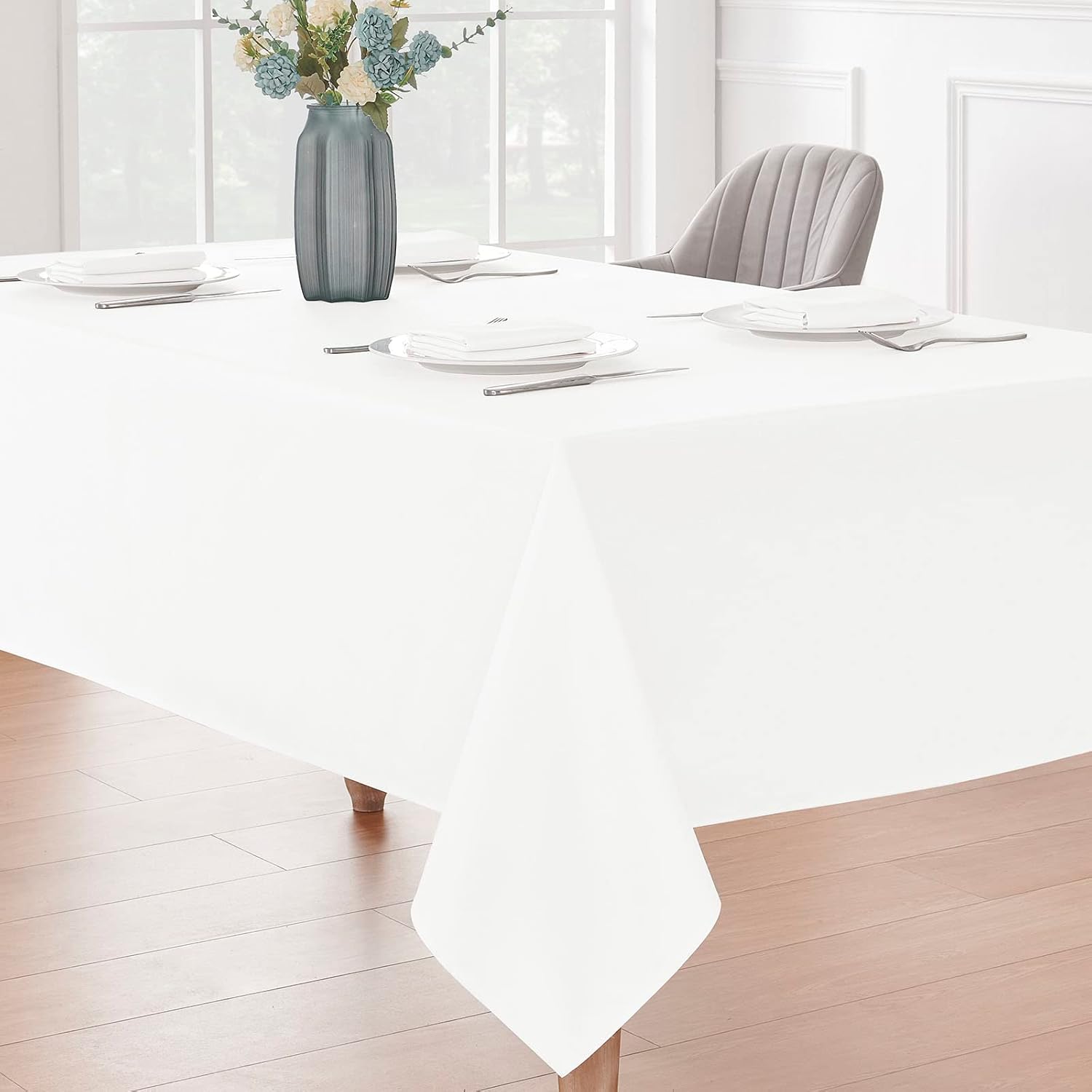 Detalle de Veblandy Rectangle 6 Feet Tablecloth 60x104 inch – White Faux Linen, Water-Resistant & Wrinkle-Resistant Polyester