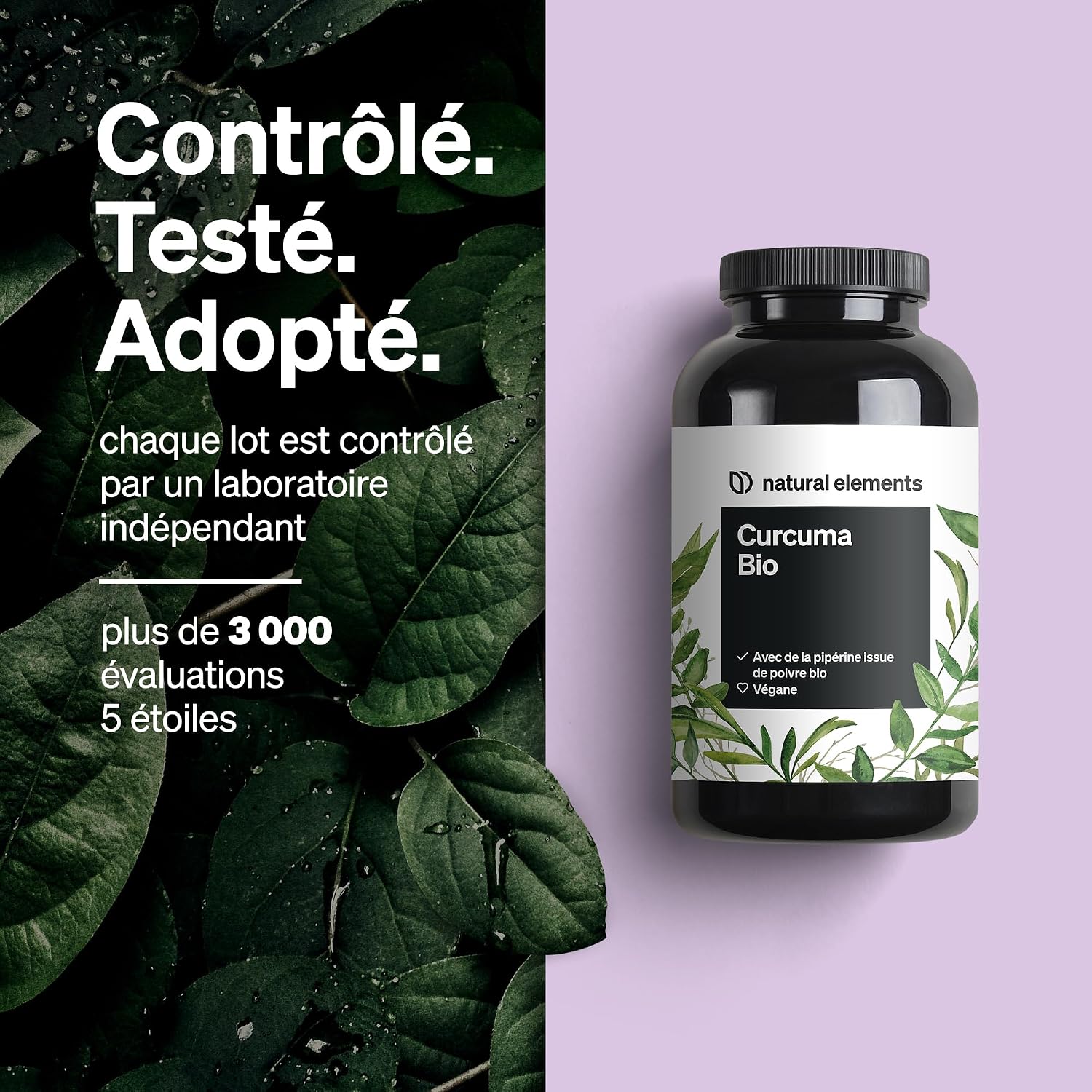Detalle de natural elements Curcuma Bio avec poivre noir – 240 gélules (2 900 mg de curcuma bio par dose)