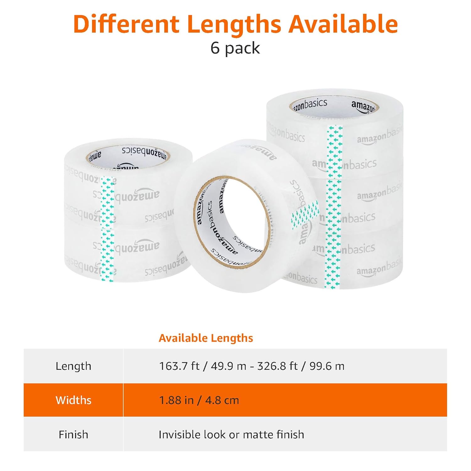 Detalle de Amazon Basics Moving and Storage Packing Tape (6-Pack) – 4.7 cm x 99.6 m, Crystal Clear