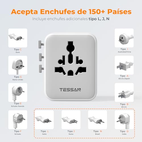 Thumbnail 3 de TESSAN adaptador de enchufe universal para viaje con 2 USB A y 3 USB C (tipo A, C, G e I) para más de 224 países