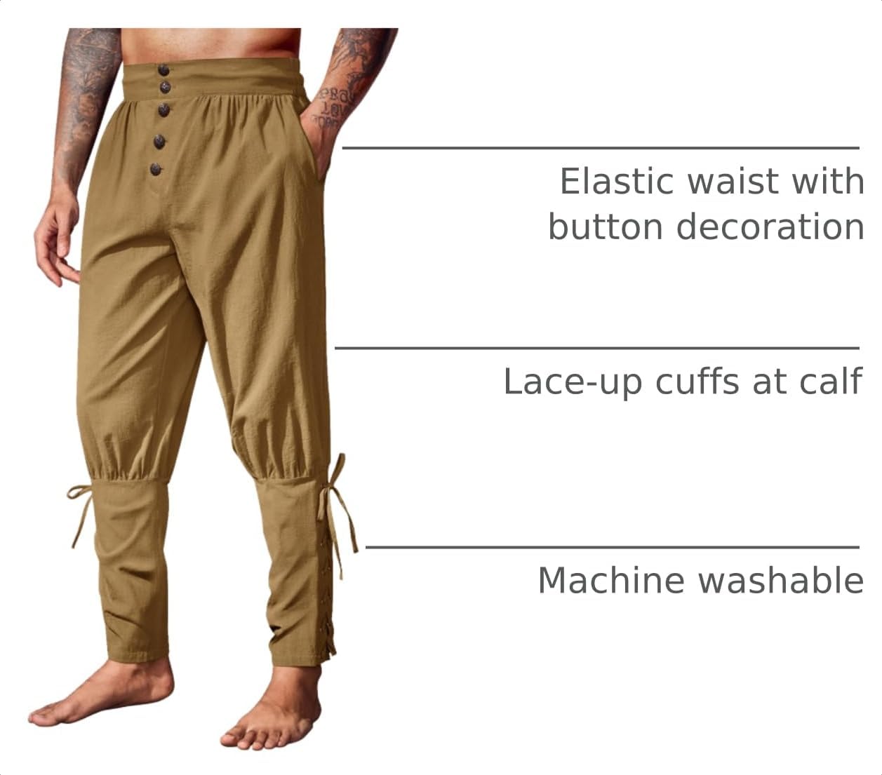 Thumbnail 3 de Runcati QT1806 Medieval Pirate Pants, 100% Cotton with Lace-Up Cuffs and Pockets