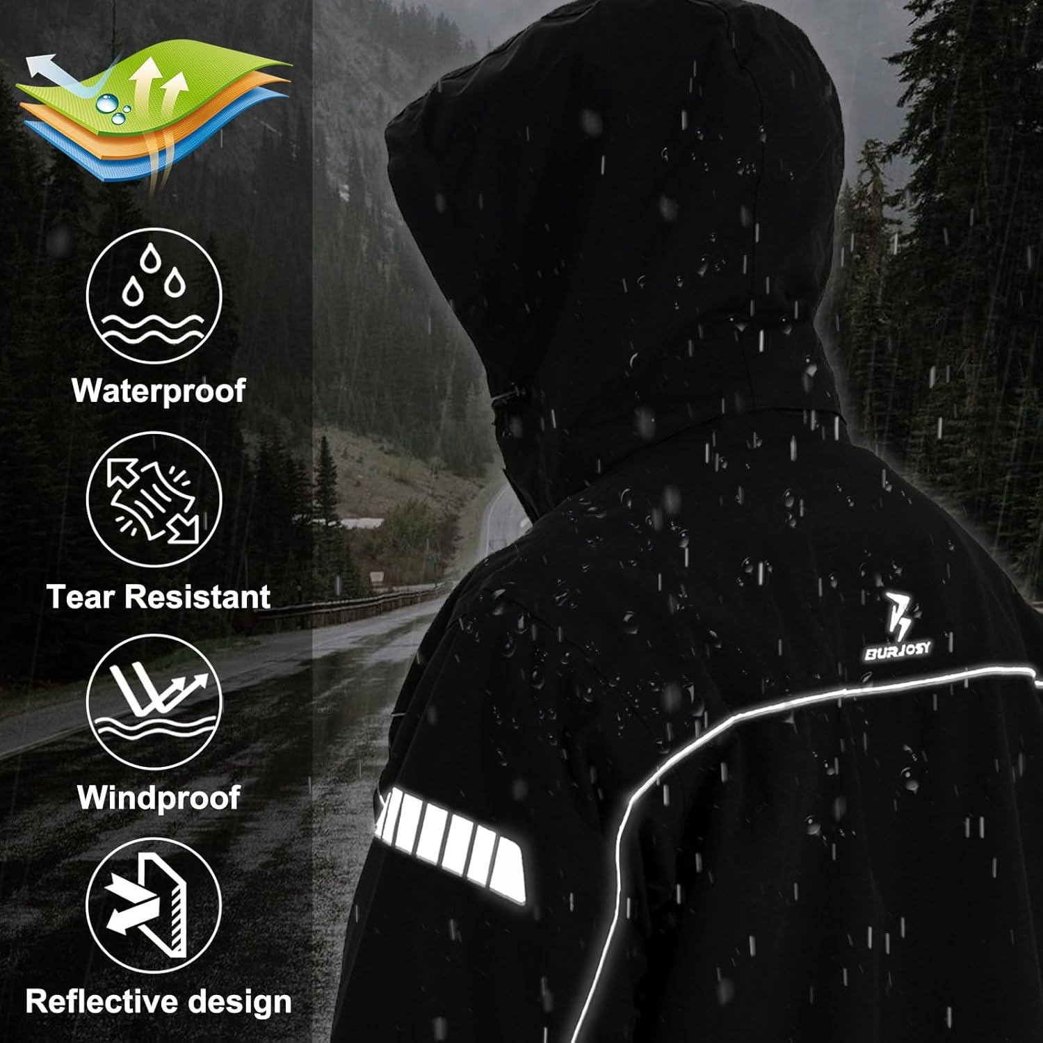 Thumbnail 5 de Burjosy combinaison de pluie homme réfléchissante imperméable (veste + pantalon) avec sac