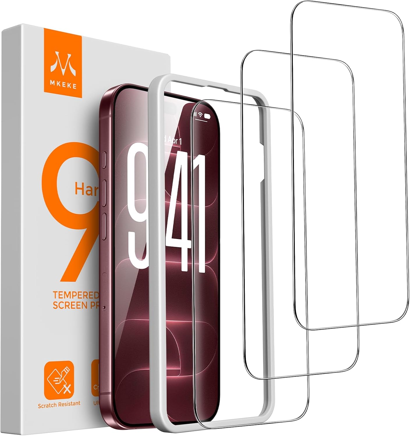 Detalle de Mkeke iPhone 18 Pro Screen Protector, 3-Pack 9H Tempered Glass