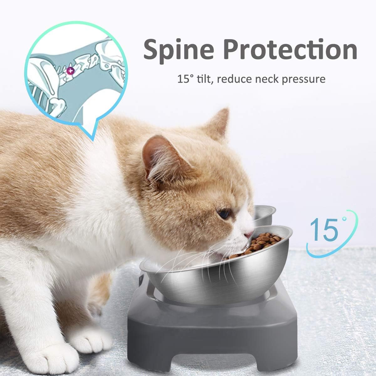 Thumbnail 2 de TANGN Raised Double Cat Feeding Bowl (Stainless Steel) with 15° Tilted Anti-Vomiting Stand