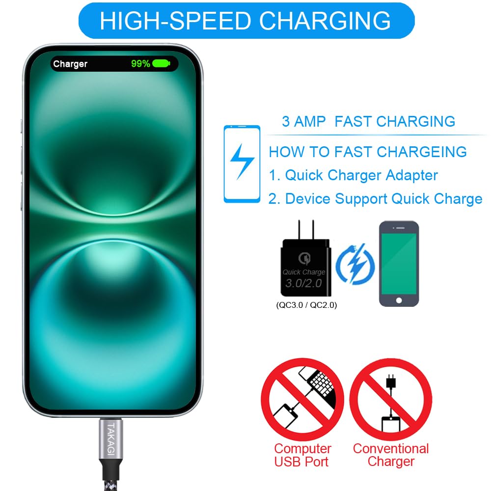 Thumbnail 4 de TAKAGI USB C Cable Fast Charging Nylon Braided 3-Pack (6ft) – A Solid Everyday Type-C Cord