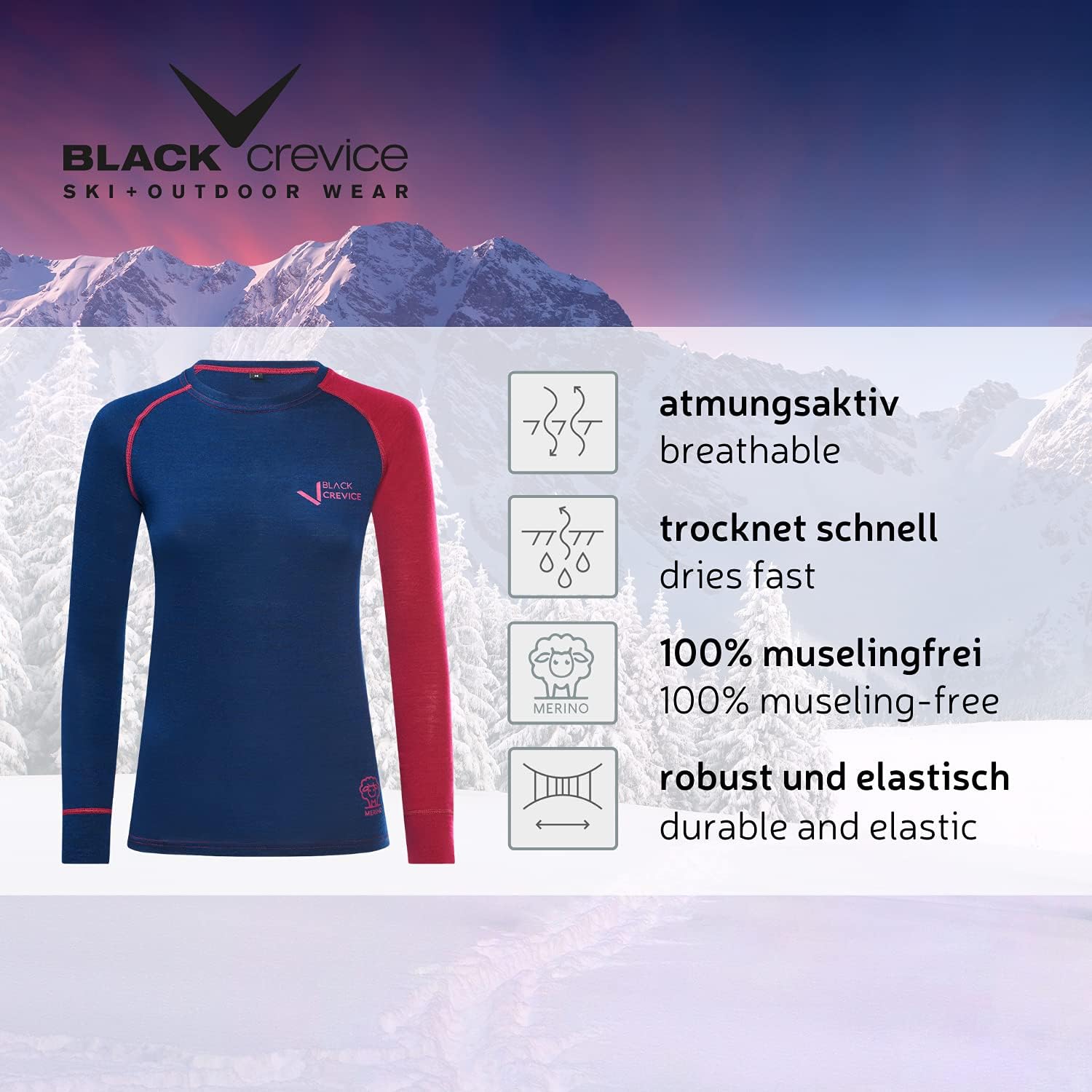 Thumbnail 3 de Black Crevice Langarmshirt Mérino Femme