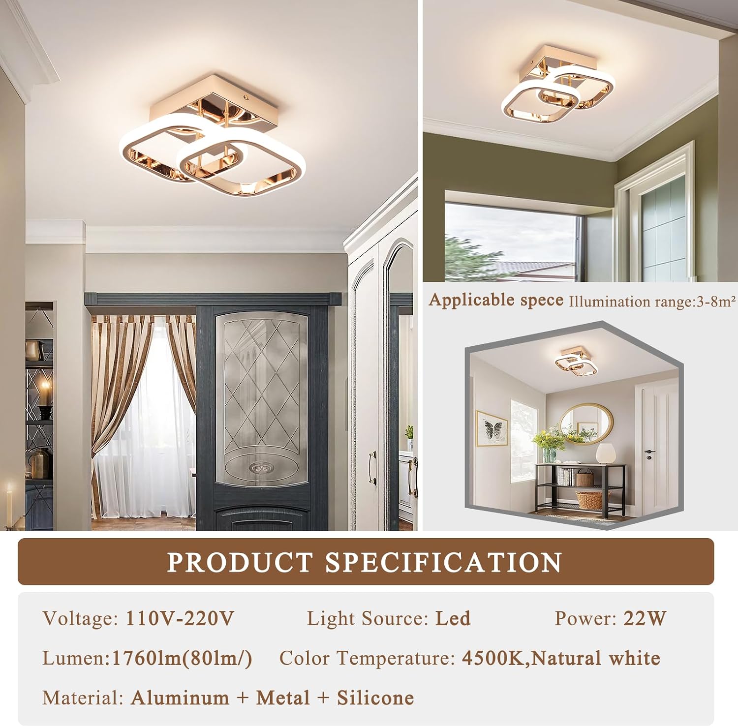 Thumbnail 6 de EIDISUNY 22W LED Square Ceiling Light (Rose Gold) – 4500K Natural White
