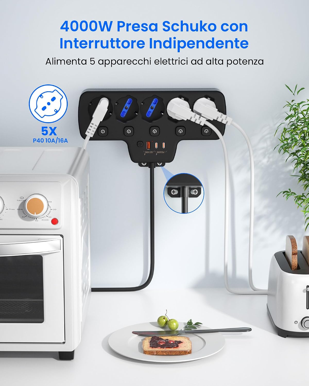 Detalle 2 de Ciabatta elettrica multipresa 5 posti