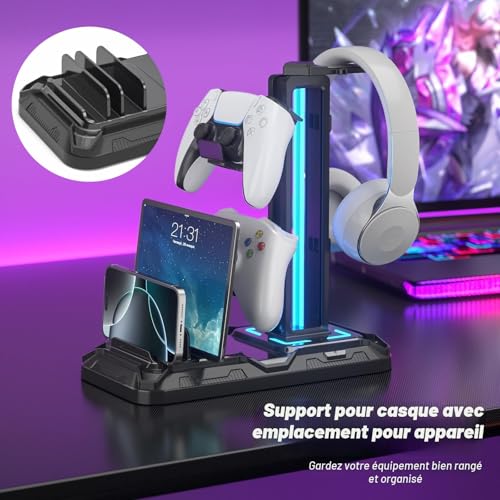 Thumbnail 1 de KDD Support Casque Bureau avec Support Téléphone et Manette Détachable – Repose-Casque Gaming avec 9 Modes d'Éclairage