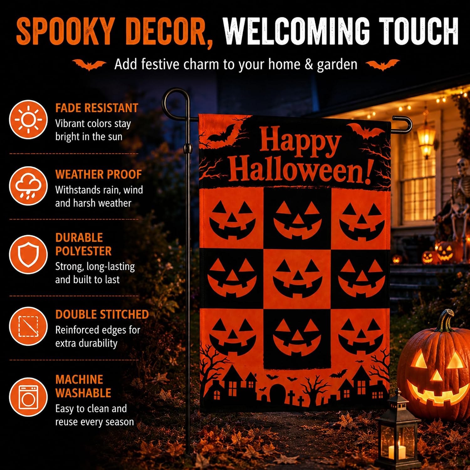 Detalle 2 de OHOME Halloween Garden Flag, Double-Sided Polyester, Orange and Black, 18 x 12 in