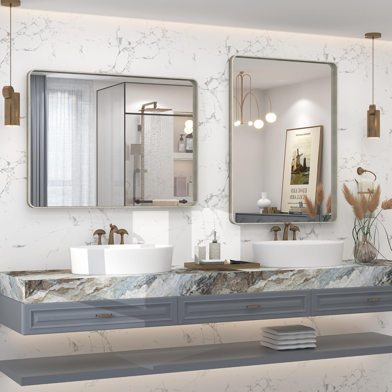 Detalle de CHARMOR 24x30 Inch Silver Bathroom Mirror with Brushed Aluminum Frame