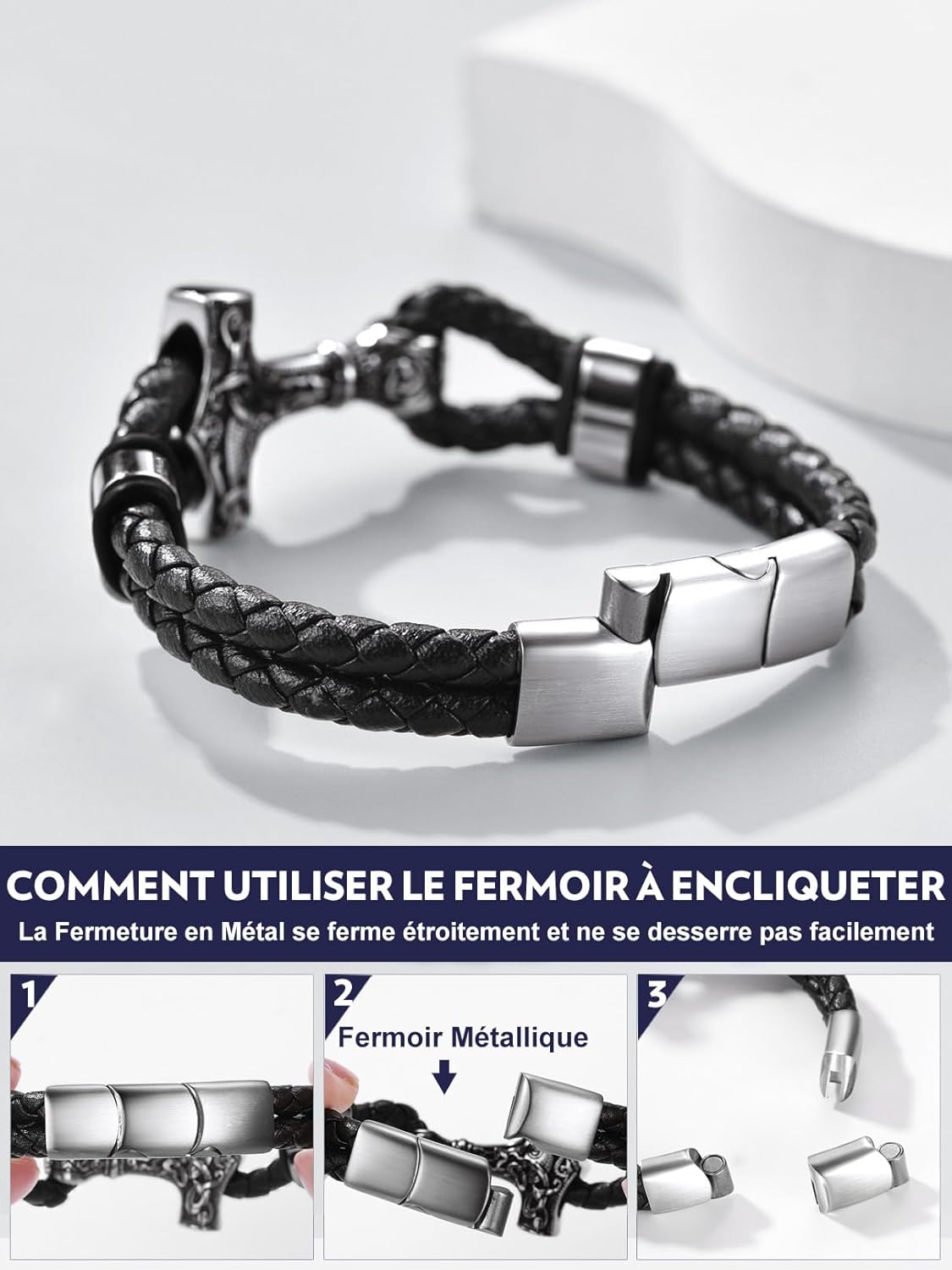 Thumbnail 3 de Bandmax Bracelet homme en cuir PU tressé noir avec manchette marteau (21 cm/23 cm) – fermoir ajustable