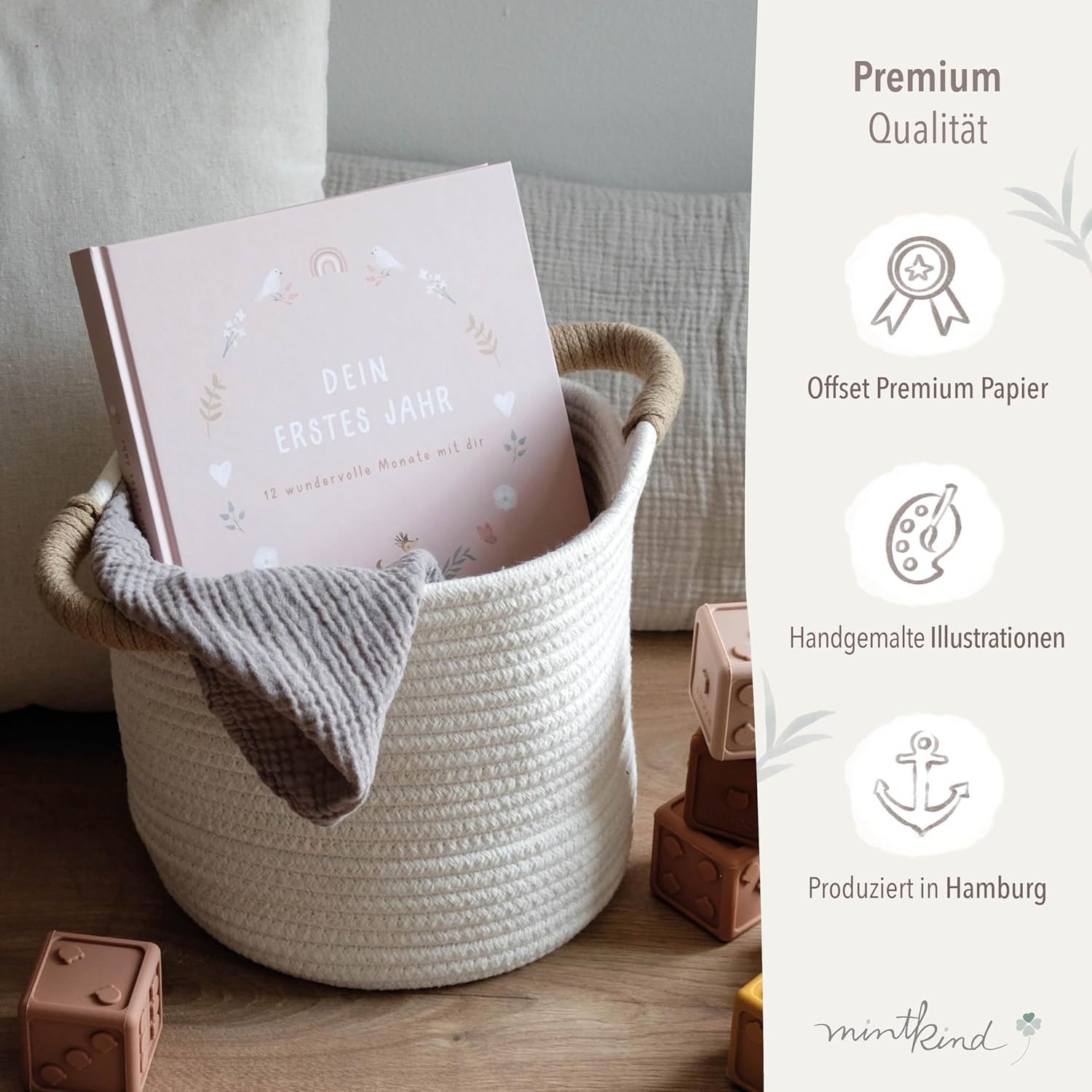 Thumbnail 5 de mintkind® Mein erstes Jahr Babyalbum Blumen rosa – zartes Babytagebuch mit 176 Seiten & Sticker-Set (Hardcover, 21 x 21 cm)