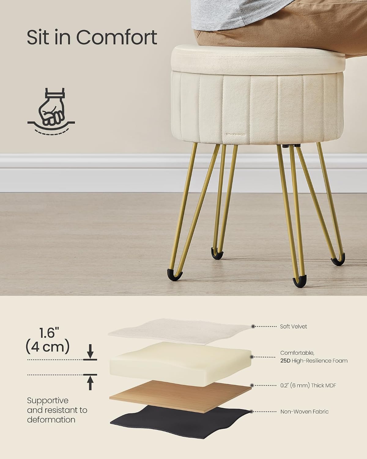 Detalle de SONGMICS Velvet Storage Ottoman Dressing Table Stool 39 x 44.4 cm, Cream White (LOM003W51)