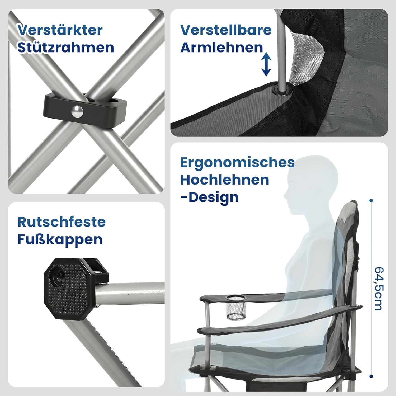 Detalle de ROPODA Campingstuhl Faltbar – Hochlehner, Armlehnen, Getränkehalter, Seitentasche, 150 kg Tragkraft, Grau