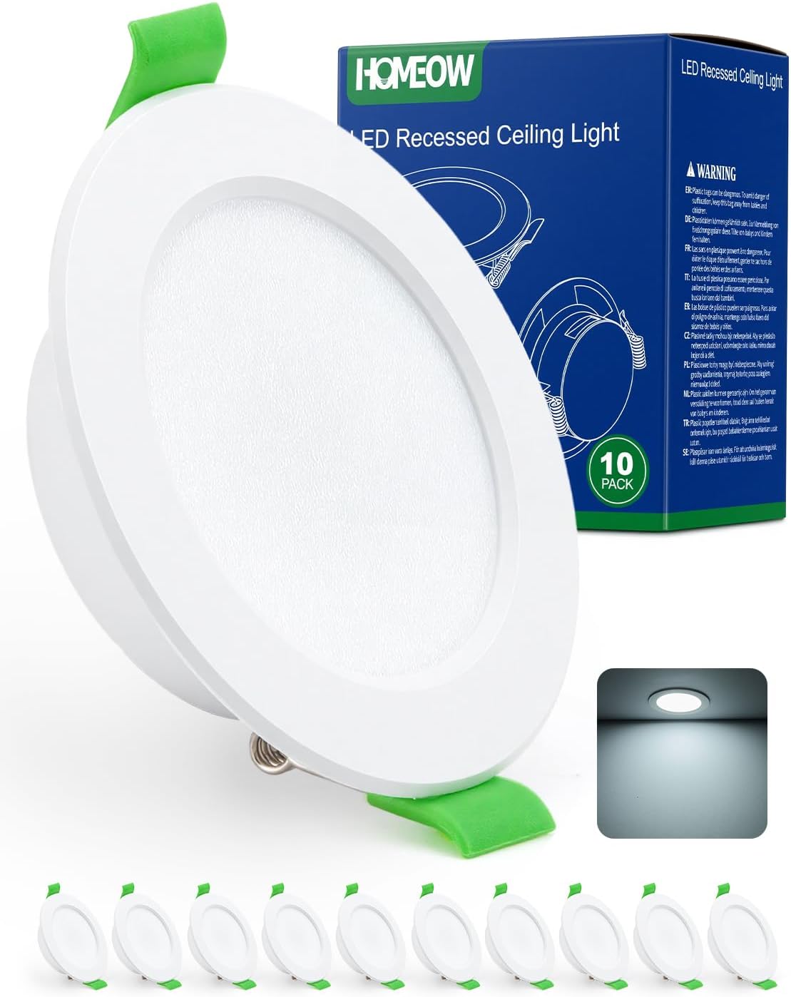 Detalle de HOMEOW Einbaustrahler LED 230V Flach 68 mm (5 W, 400 lm, IP44) Kaltweiß 6000 K – 10er-Set für Bad & Küche