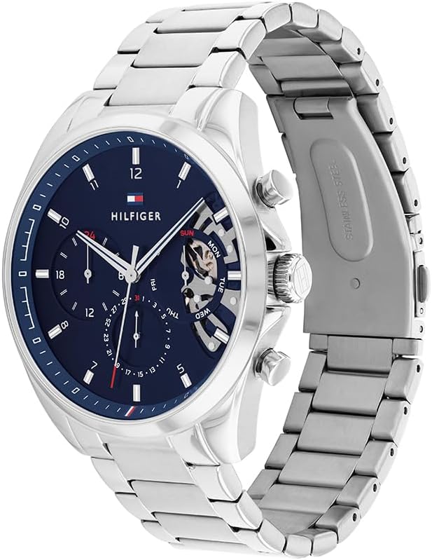 Detalle 2 de Tommy Hilfiger Multi Zifferblatt Quarz Uhr für Herren – Silbernes Edelstahl-Mesh-Armband & Lederarmband