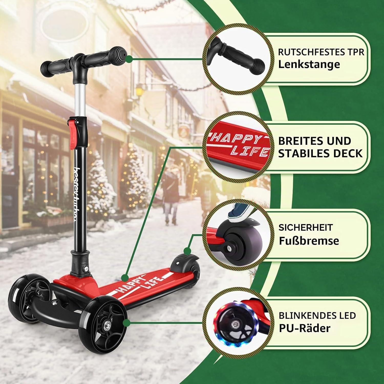Detalle de besrey Kinder-Scooter Big Wheels – Faltbarer Tretroller mit LED-Lichtern, 4-stufig höhenverstellbar