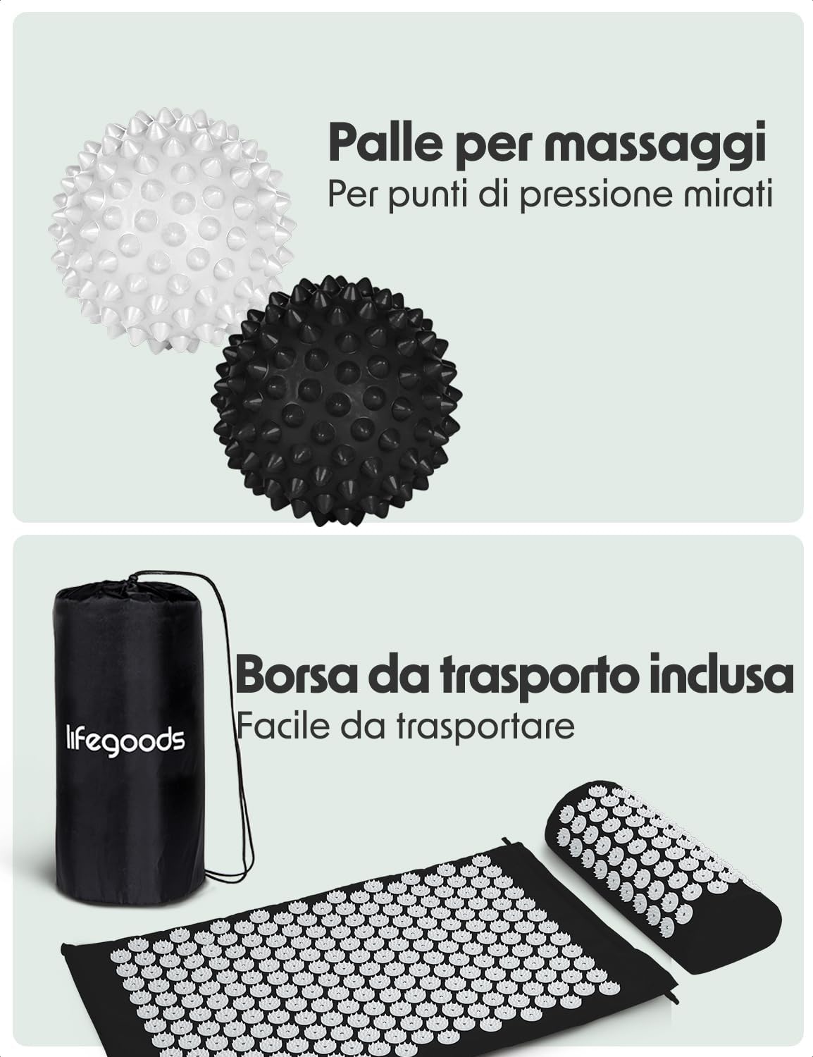 Detalle de LifeGoods Tappetino Agopressione Mysa bianco e nero con cuscino e sfere massaggianti