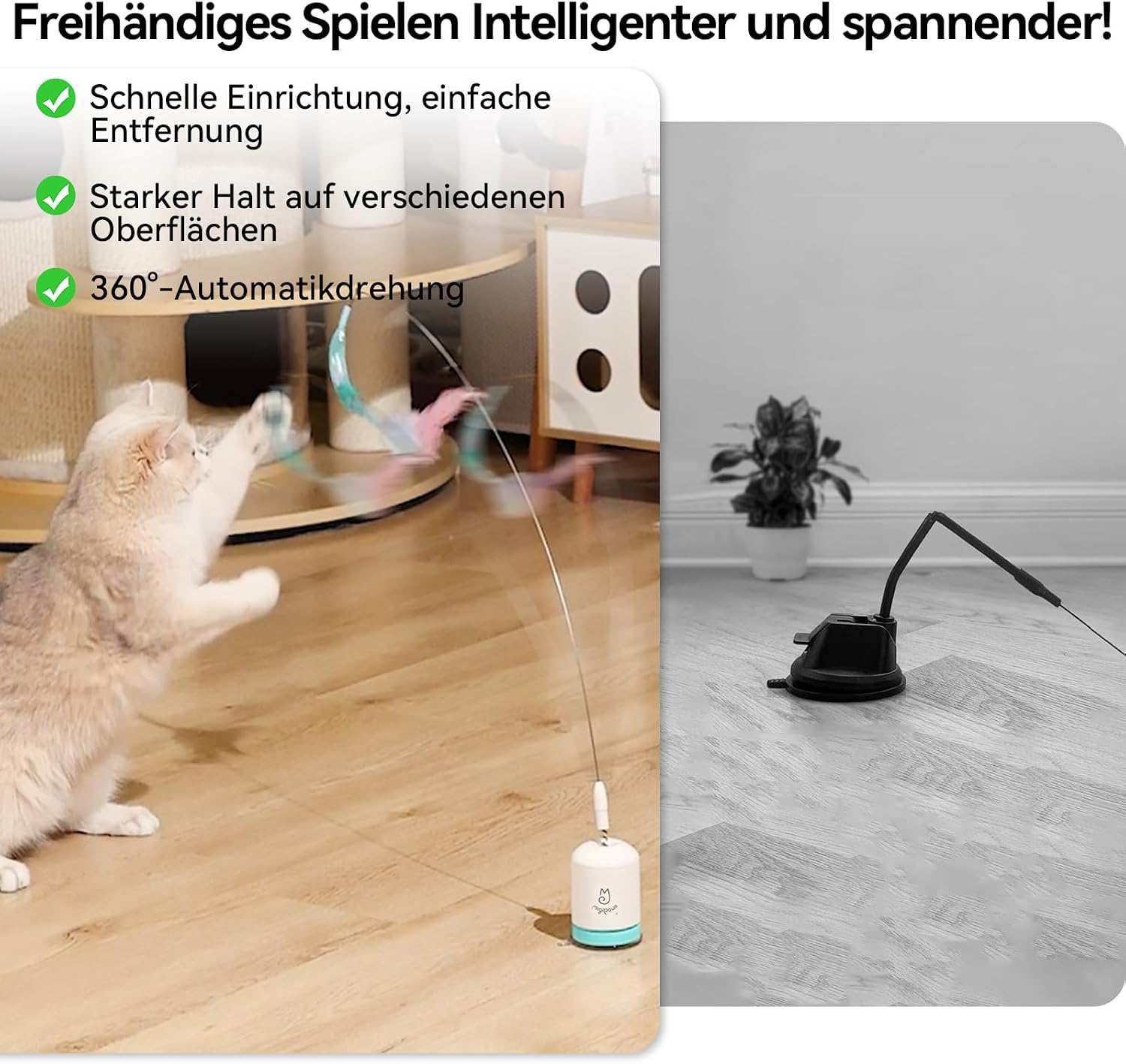 Detalle 1 de Migipaws Interaktives Katzenspielzeug mit starkem Saugnapf, 70 cm Draht & Auto-Timer