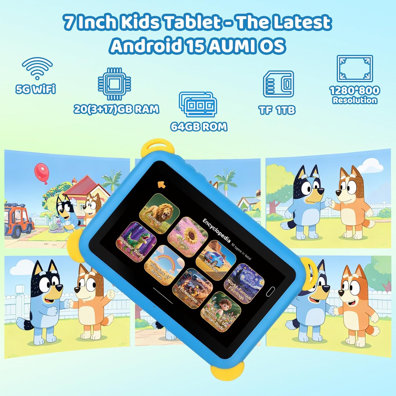 Thumbnail 1 de Kids Tablet 7 inch Android 15 with Parental Control, AI Dual Cam, Widevine L1 and Protective Case (Blue)