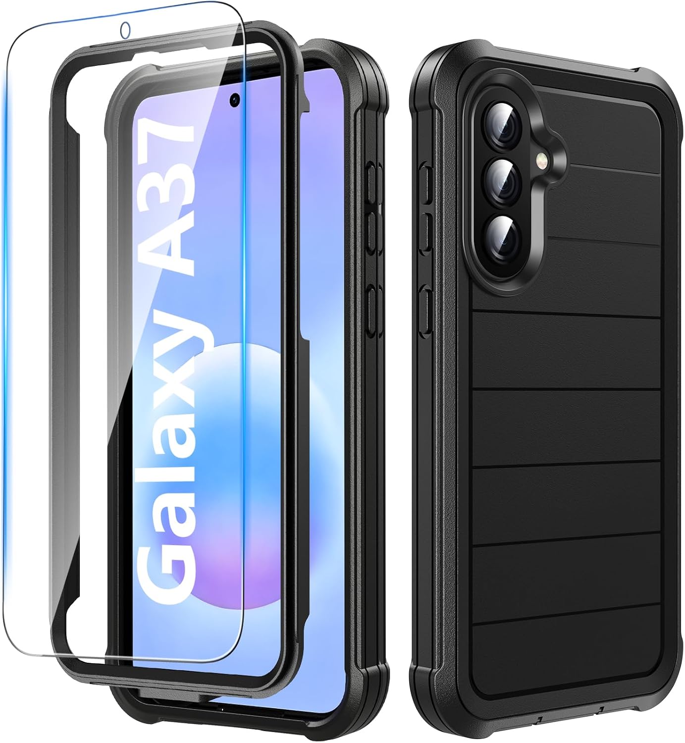 Detalle de Hensinple Galaxy A37 5G Case with Tempered Glass Screen Protector — Heavy-Duty Military Shockproof TPU Cover (Black)