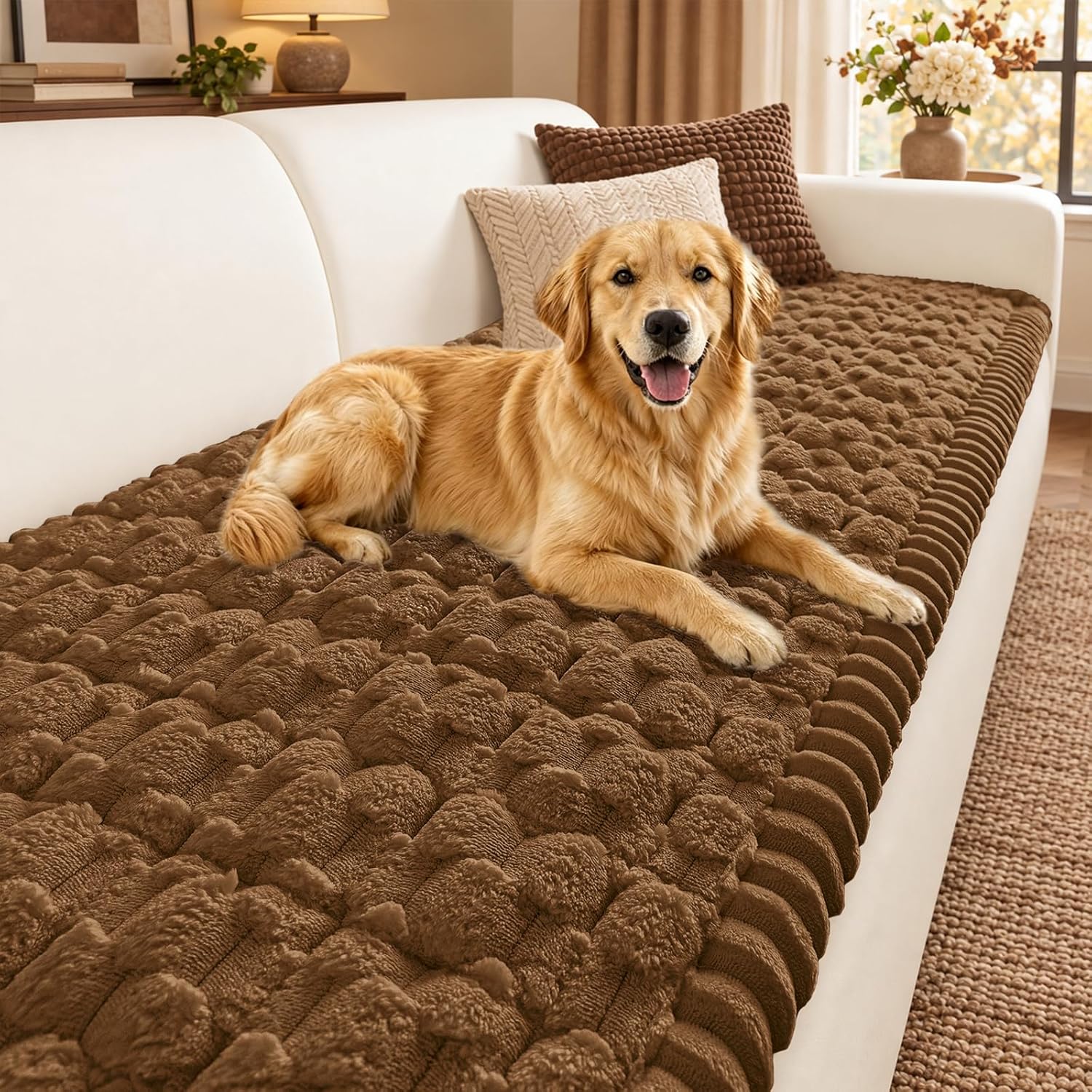 Detalle de Smiry Non Slip Couch Cover for Dogs: Scratch-Resistant Fuzzy Sofa Protector (Chocolate, 27.6" x 47")