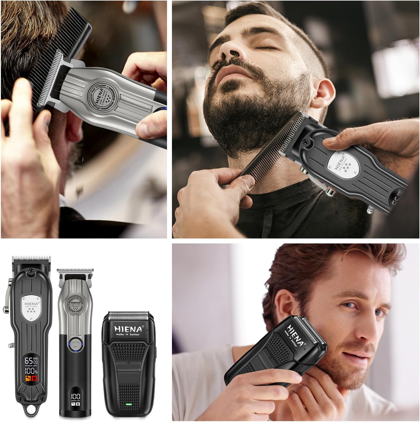 Detalle 2 de HIENA PRO Professional Cordless Hair Clippers & Beard Trimmer Set with Foil Shaver (Home Hair Cutting Kit)