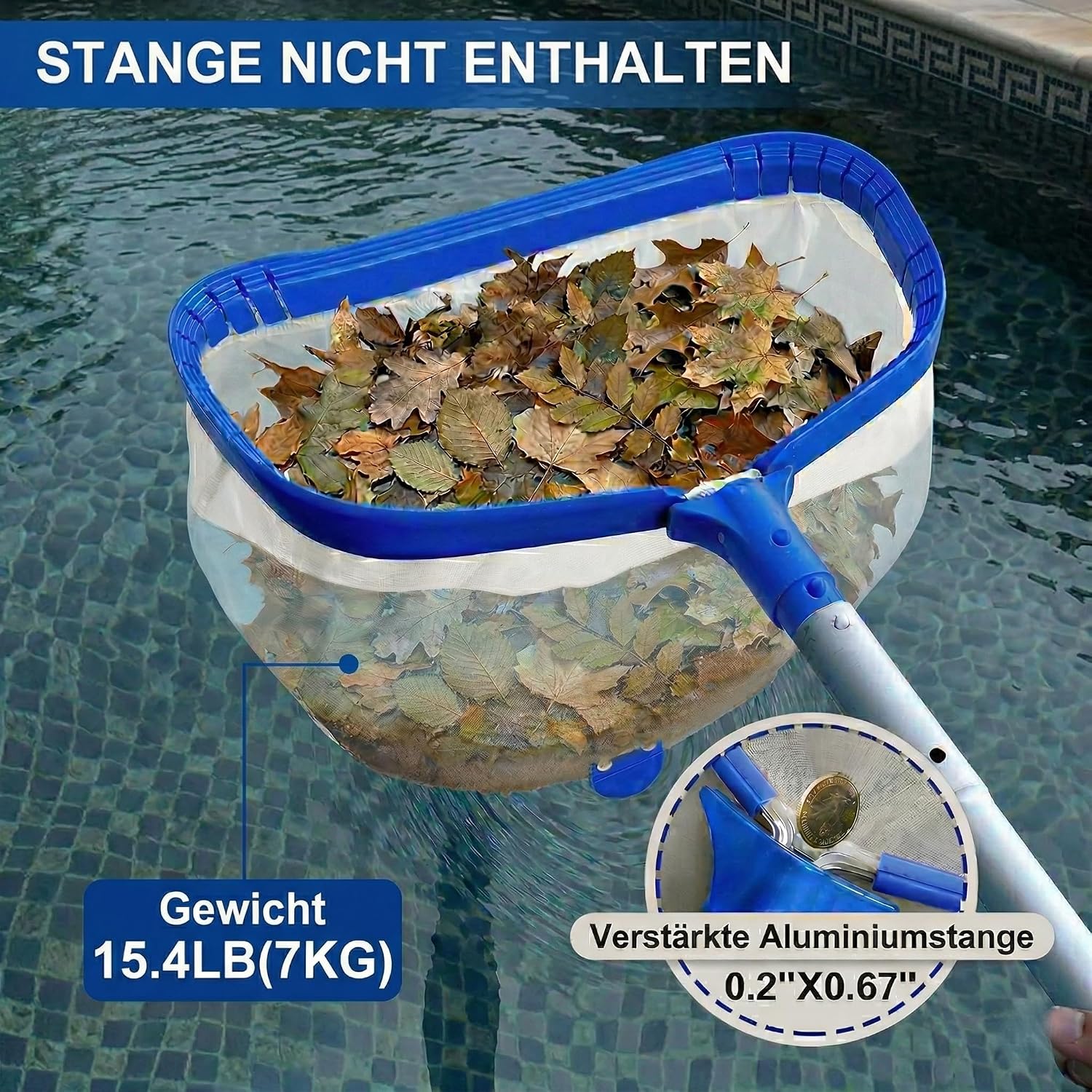 Detalle de ROMIVO Retino Skimmer Piscina 17,5" (44 cm): retino in maglia fine con telaio in alluminio, compatibile con aste telescopiche standard