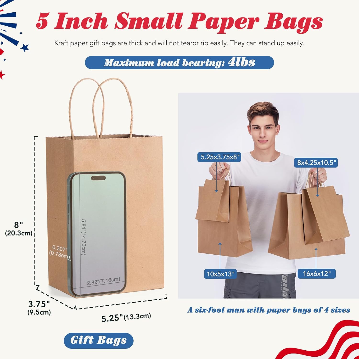 Thumbnail 1 de GSSUSA 200 Pack Brown Kraft Gift Bags with Handles, 5.25 x 3.75 x 8 inches